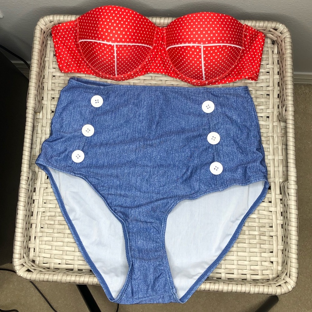 Bikini Polka Dot Top Denim High Rise Bottom